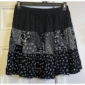 VTG 90s Star Cody Tiered Patchwork Skirt Womens L Black Floral Polka Dot Boho